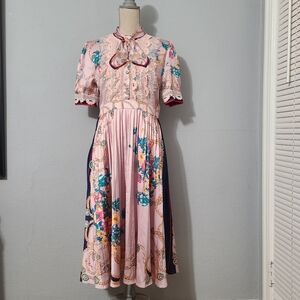 Kaimilan Pink Floral Pleated Midi Dress Lace Romantic‎ Feminine Victorian